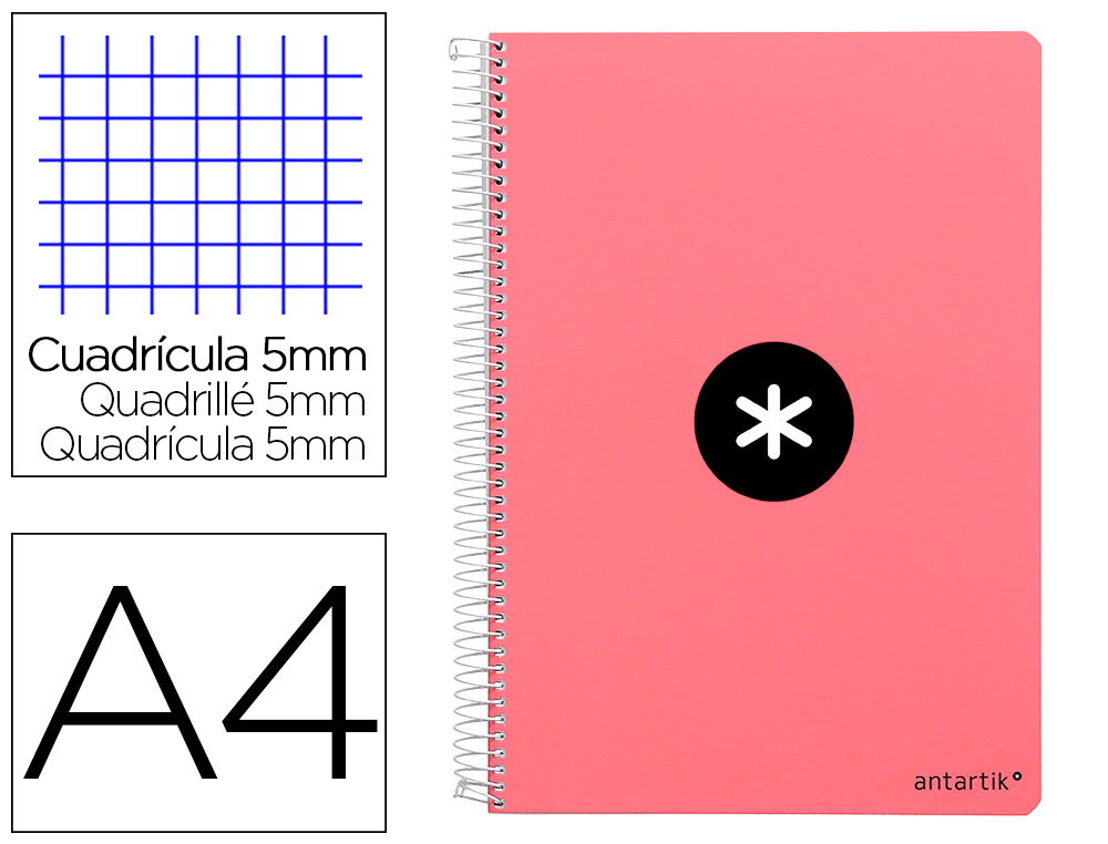 CADERNO ESPIRAL LIDERPAPEL DIN A4 ANTARTIK CAPA DURA 80 F 100 GR QUADRICULA 5 MM COM MARGEM COR CORAL