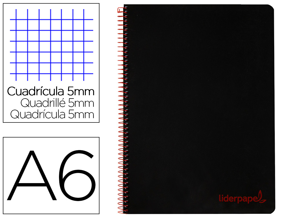CADERNO ESPIRAL LIDERPAPEL WONDER MICRO DIN A6 CAPA PLASTICO 120 F 90 GR QUADRICULA 5MM 4 BANDAS DE CORES COR PRETO