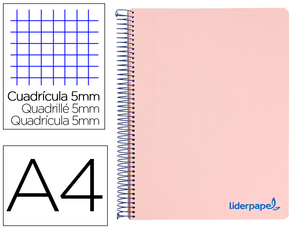 CADERNO ESPIRAL LIDERPAPEL WONDER MICRO DIN A4 CAPA PLASTICO 120 F 90 GR QUADRICULA 5 MM 5 BANDAS DE CORES 4 FUROS ROSA