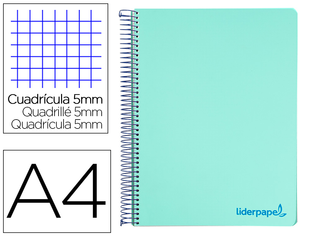 CADERNO ESPIRAL LIDERPAPEL WONDER MICRO DIN A4 CAPA PLASTICO 120 F 90 GR QUADRICULA 5 MM 5 BANDAS DE CORES 4 FUROS VERDE