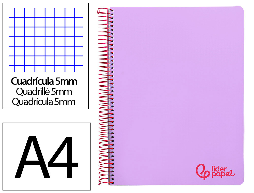 CADERNO ESPIRAL LIDERPAPEL WONDER MICRO DIN A4 CAPA PLASTICO 120 F 90 GR QUADRICULA 5 MM 5 BANDAS DE CORES 4 FUROS VIOLE