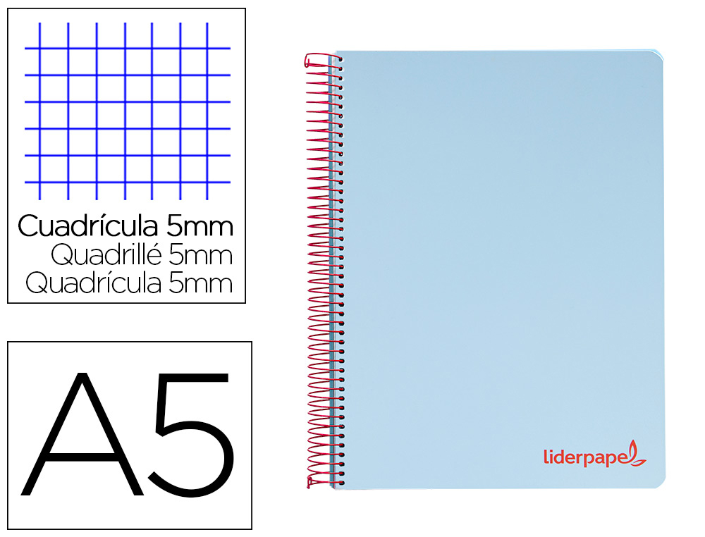 CADERNO ESPIRAL LIDERPAPEL WONDER MICRO DIN A5 CAPA PLASTICO 120 F 90 GR QUADRICULA 5MM 5 BANDAS DE CORES 6 FUROS AZUL