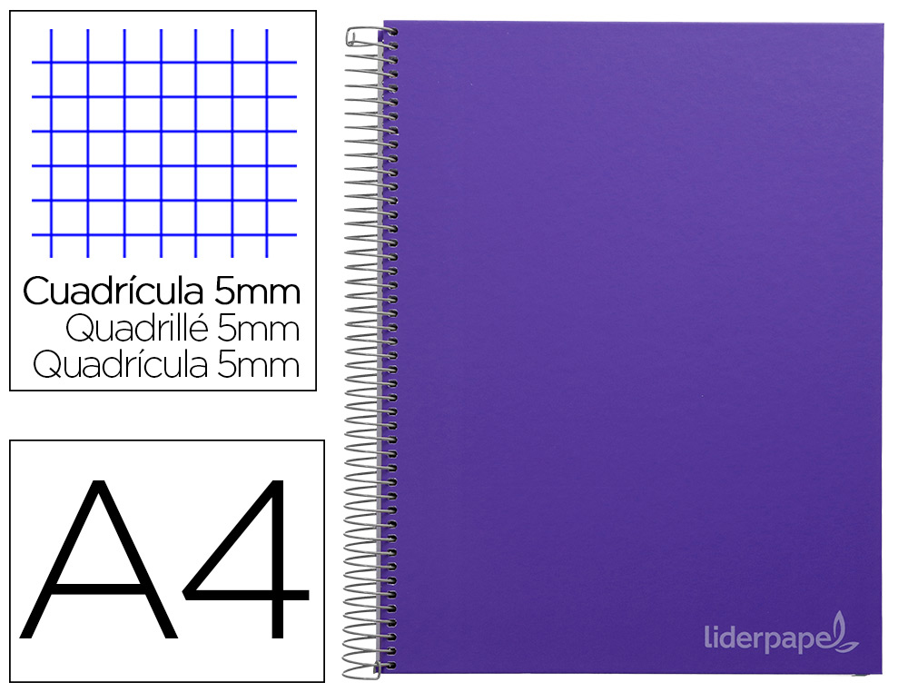 CADERNO ESPIRAL LIDERPAPEL JOLLY MICRO DIN A4 CAPA FORRADA 140 F 75 GR QUADRICULA 5MM 5 BANDAS DE CORES 4 FUROS COR LILA