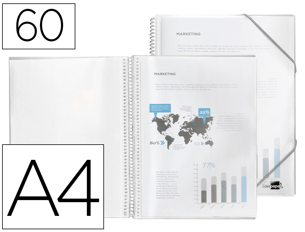 CAPA CATALOGO LIDERPAPEL COM ESPIRAL 60 BOLSAS POLIPROPILENO DIN A4 TRANSPARENTE
