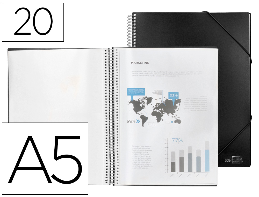 CAPA CATALOGO LIDERPAPEL COM ESPIRAL 20 BOLSAS POLIPROPILENO DIN A5 PRETO OPACO