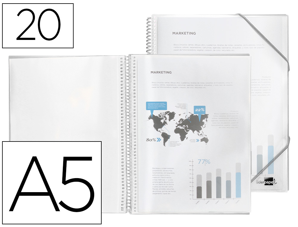 CAPA CATALOGO LIDERPAPEL COM ESPIRAL 20 BOLSAS POLIPROPILENO DIN A5 TRANSPARENTE
