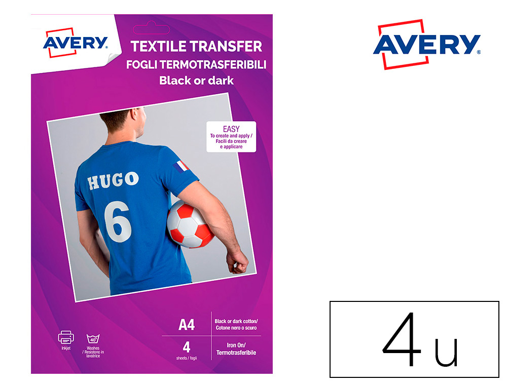 PAPEL TRANSFER AVERY PARA T-SHIRTS DE ALGODAO CORES ESCURAS IMPRESSAO A JATO DE TINTA DIN A4 EMBALAGEM DE 4 FOLHAS