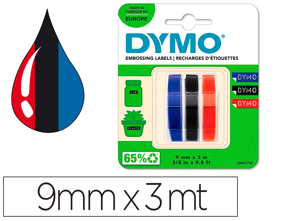 FITA DYMO 3D 9MM X 3MT PARA ETIQUETADORA OMEGA/JUNIOR COR AZUL/PRETO/VERMELHO BLISTER 3 UNIDADES