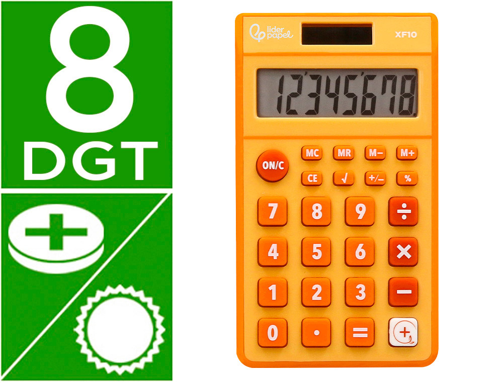 CALCULADORA LIDERPAPEL DE BOLSO XF10 8 DIGITOS SOLAR E PILHAS COR LARANJA 115X65X8 MM