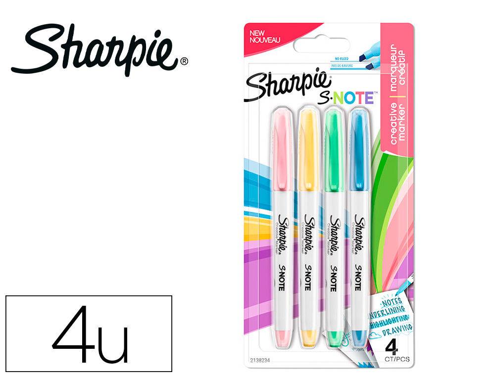MARCADOR SHARPIE PERMANENTE S-NOTE PONTA BISELADA TRACO 1,2 /3,87 MM BLISTER 4 UNIDADES CORES SORTIDAS