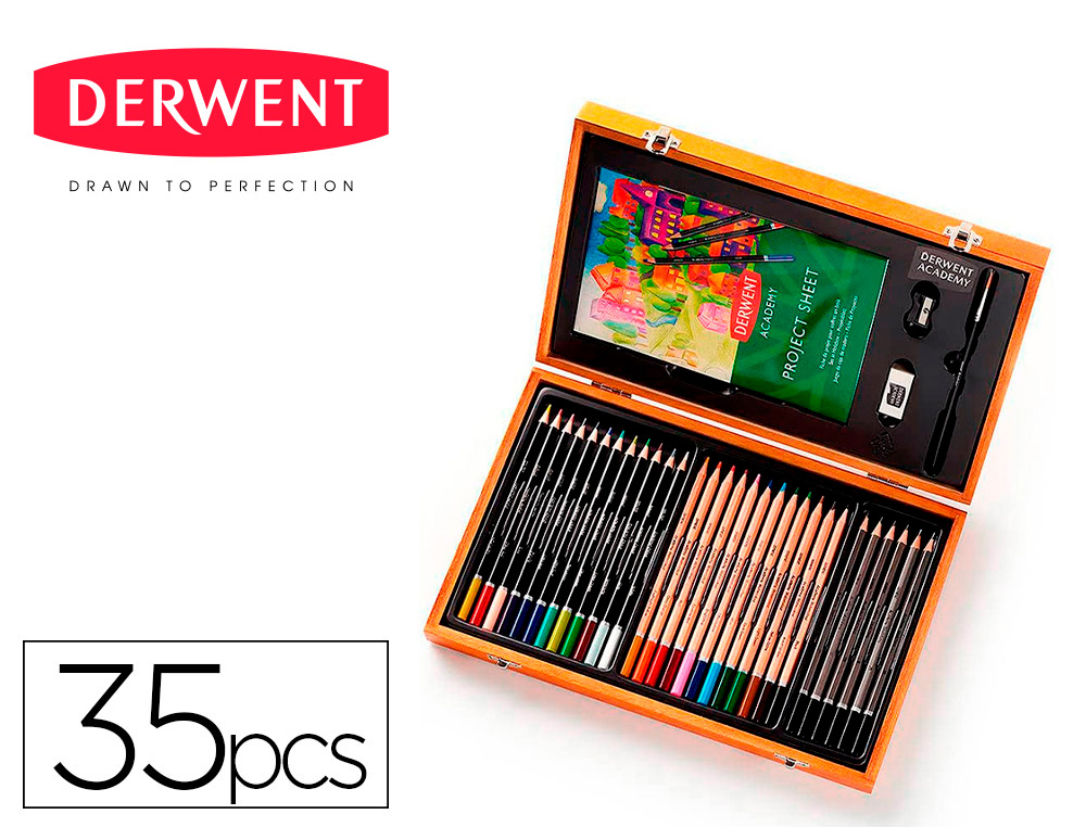 ESTOJO DE PINTURA DERWENT ACADEMY MADEIRA LAPIS DE CORES 35 PECAS