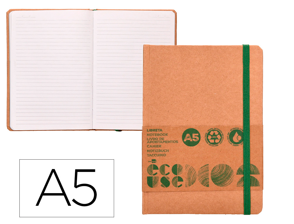 CADERNO AGRAFADO LIDERPAPEL ECOUSE 100% RECICLADO A5 96 FOLHAS 70G/M2 PAUTADO COM ELASTICO E MARCADOR PAGINAS