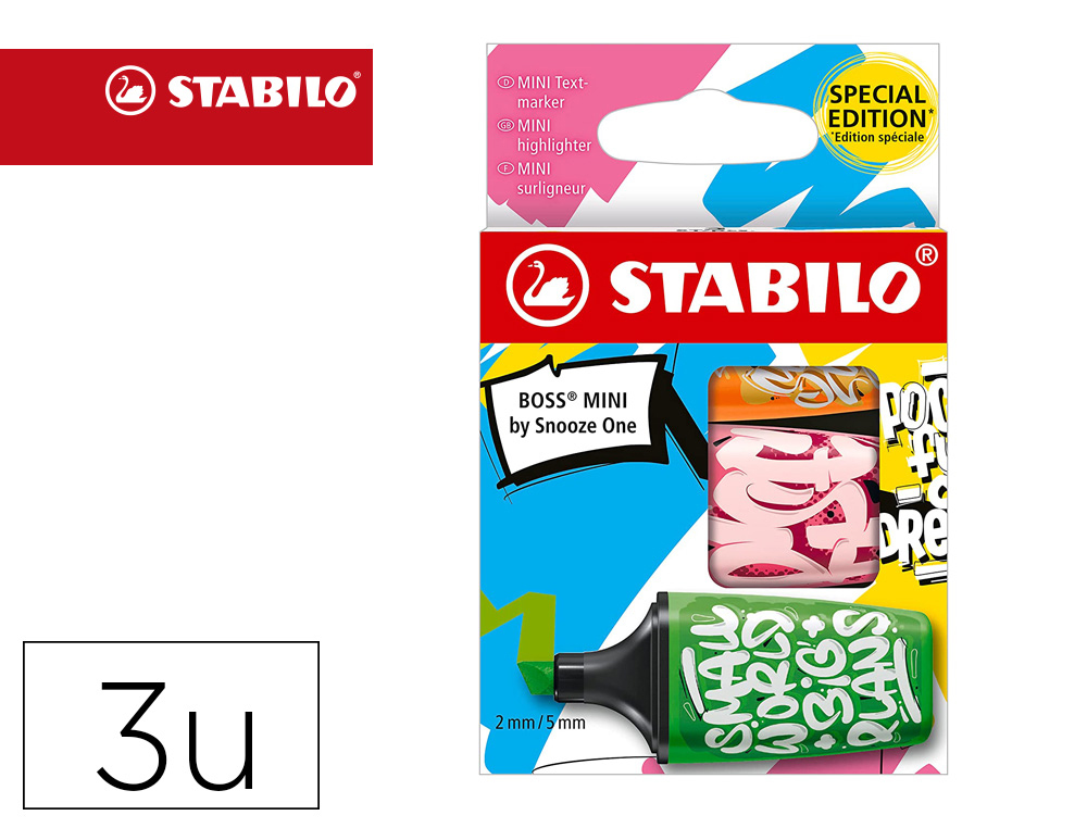 MARCADOR FLUORESCENTE STABILO BOSS MINI BY SNOOZE ONE ESTOJO DE 3 UNIDADES CORES SORTIDAS