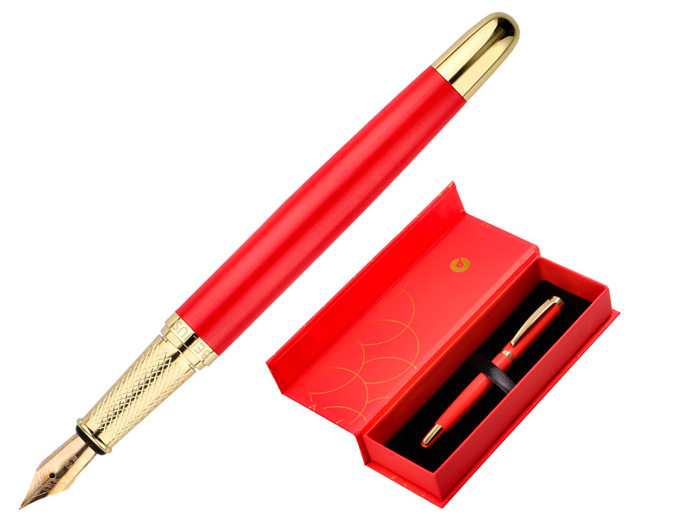 CANETA BELIUS PASSION DOR ALUMINIO TEXTURA ESCOVADO DESENHO VERMELHO E DOURADO TINTA AZUL CAIXA DESIGN