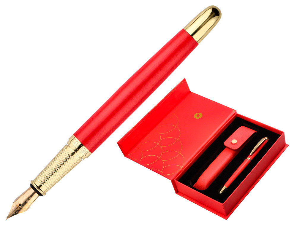 CANETA E ESTOJO COURO BELIUS PASSION DOR ALUMINIO TEXTURA ESCOVADO VERMELHO E DOURADO TINTA AZUL CAIXA DESIGN