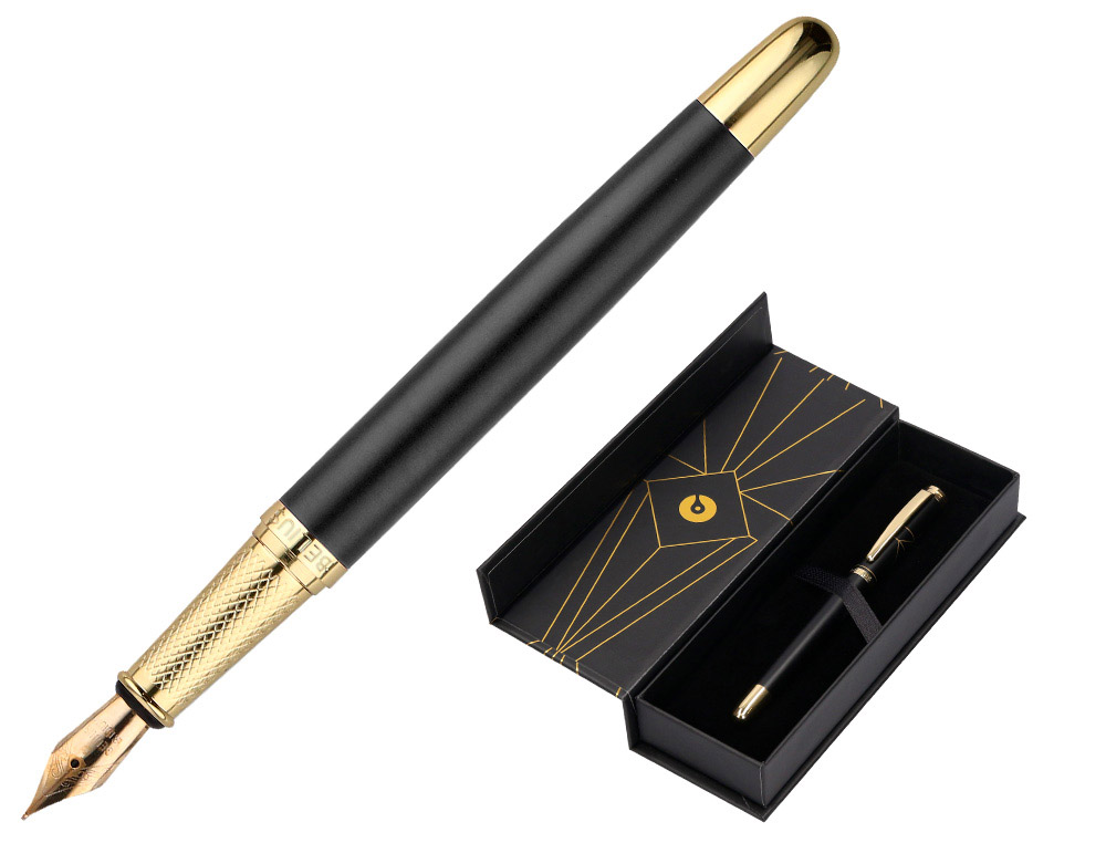 CANETA BELIUS SOIREE ALUMINIO DESENHO ART DECO PRETO E DOURADO TINTA AZUL CAIXA DESIGN