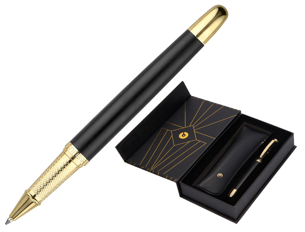 ESFEROGRAFICA E ESTOJO BELIUS SOIREE DESENHO ART DECO PRETO E DOURADO TINTA AZUL CAIXA DESIGN
