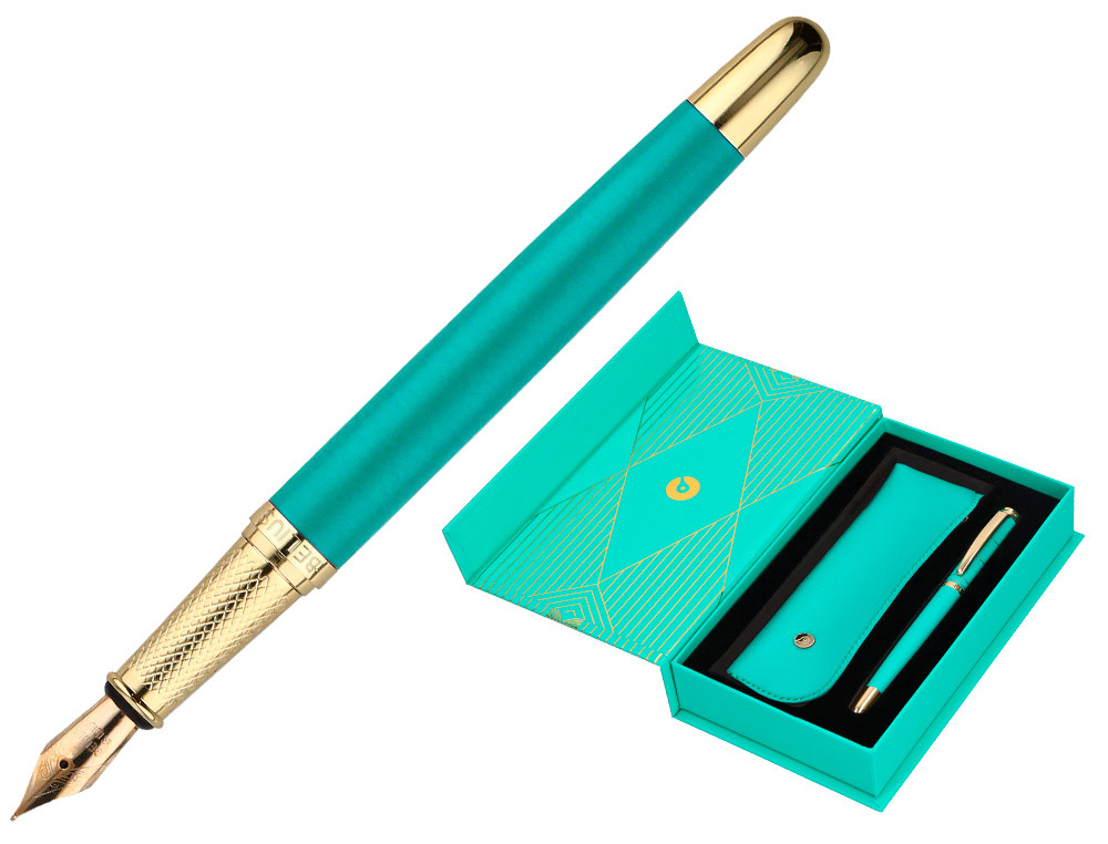CANETA E ESTOJO BELIUS SOIREE DESENHO ART DECO TURQUESA E DOURADO TINTA AZUL CAIXA DESIGN
