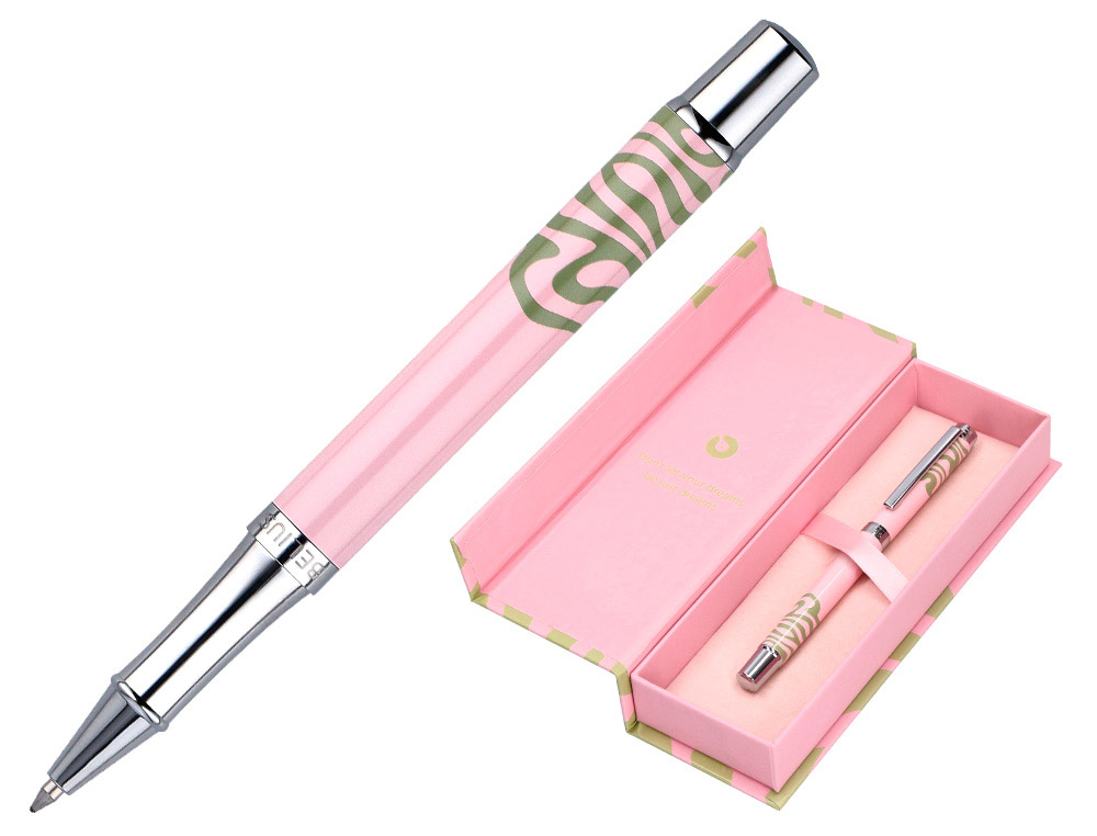 ROLLER BELIUS INK DREAMS ALUMINIO DESENHO ROSA E VERDE MATCHA PRATEADO FRASE INTERIOR CAIXA DESIGN TINTA PRETA