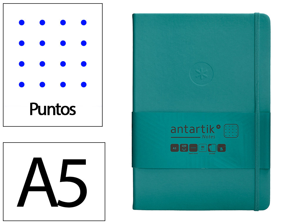 CADERNO COM ELASTICO ANTARTIK NOTES CAPA DURA A5 PONTILHADO VERDE AGUA-MARINHA 100 FOLHAS 80 GR FSC