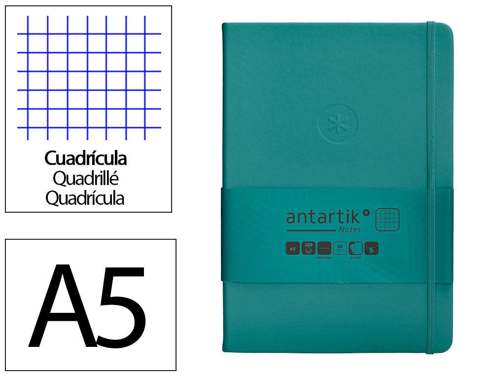 CADERNO COM ELASTICO ANTARTIK NOTES CAPA DURA A5 QUADRICULADO VERDE AGUA-MARINHA 100 FOLHAS 80 GR FSC