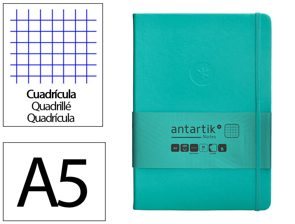 CADERNO COM ELASTICO ANTARTIK NOTES CAPA DURA A5 QUADRICULADO TURQUESA 100 FOLHAS 80 GR FSC