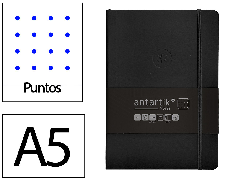 CADERNO COM ELASTICO ANTARTIK NOTES CAPA MOLE A5 PONTILHADO PRETO 80 FOLHAS 80 GR FSC