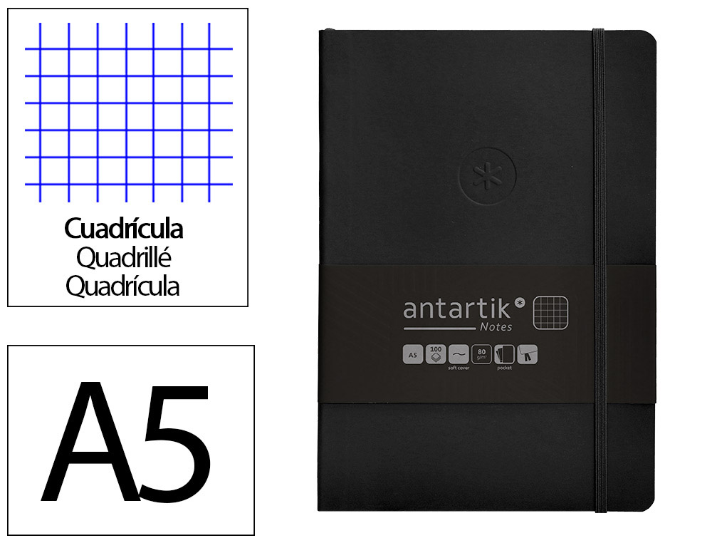 CADERNO COM ELASTICO ANTARTIK NOTES CAPA MOLE A5 QUADRICULADO PRETO 80 FOLHAS 80 GR FSC