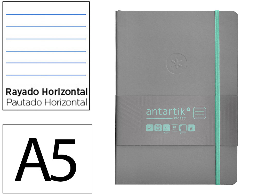 CADERNO COM ELASTICO ANTARTIK NOTES CAPA MOLE A5 PAUTADO CINZA E TURQUESA 80 FOLHAS 80 GR FSC