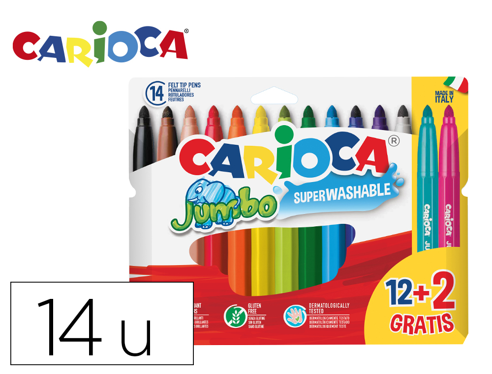 MARCADOR CARIOCA JUMBO PONTA GROSSA BOLSA PAPEL 12 UNIDADES CORES SORTIDAS +2 GRATIS