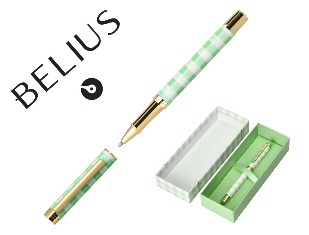ESFEROGRAFICA BELIUS PICNIC ALUMINIO COR VERDE DOURADO TINTA COR AZUL CAIXA DE DESIGN