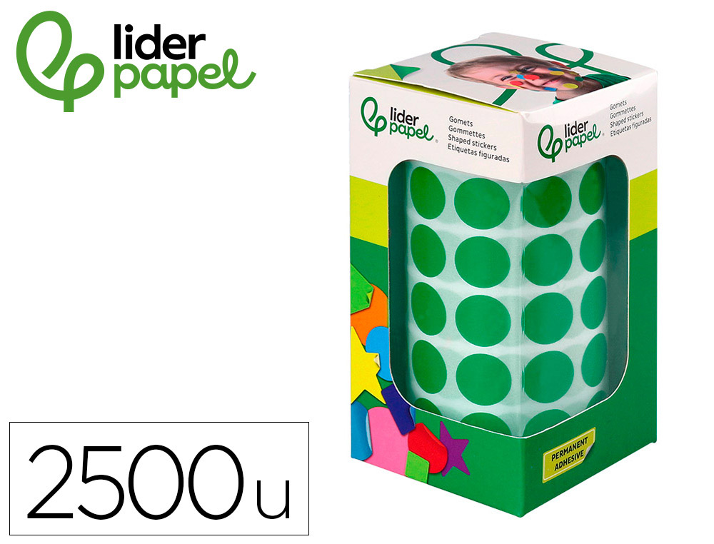 ETIQUETAS ESCOLAR LIDERPAPEL AUTOADESIVAS CIRCULOS 15 MM VERDE ROLO DE 2500 UNIDADES EM CAIXA DE CARTAO