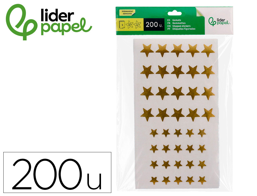 ETIQUETAS ESCOLAR LIDERPAPEL AUTOADESIVAS ESTRELAS DOURADAS SORTIDAS BOLSA DE 5 FOLHAS COM 200 UNIDADES