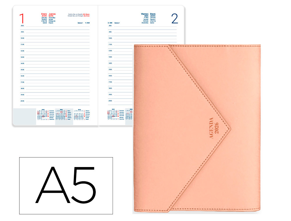 AGENDA ENCADERNADA LIDERPAPEL PSARA A5 2026 DIA PAGINA ROSA NUDE PAPEL 70 GR FSC