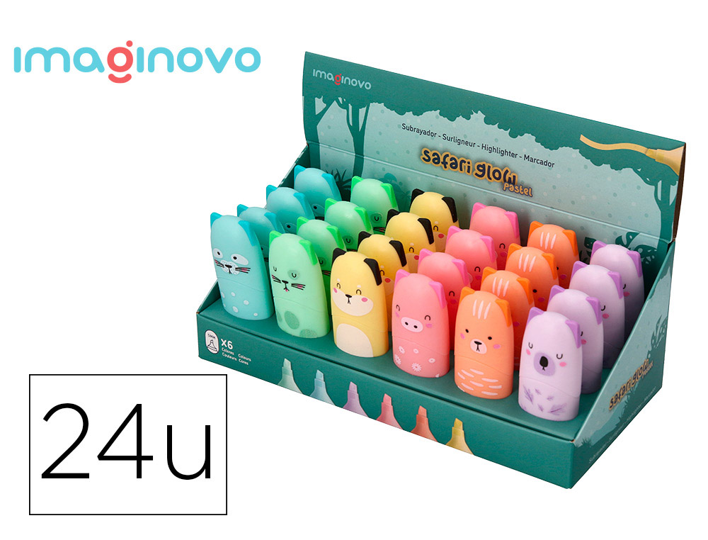 MARCADOR FLUORESCENTE IMAGINOVO SAFARI GLOW PASTEL ANIMAIS EXPOSITOR DE 24 UNIDADES SORTIDAS