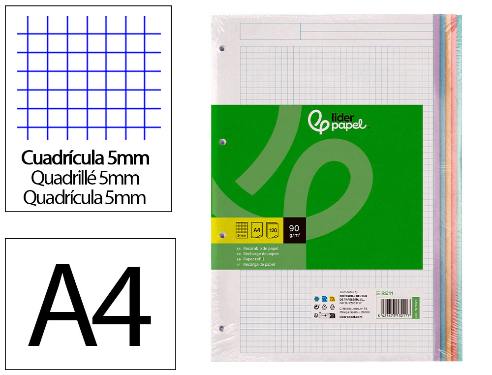 RECARGA LIDERPAPEL A4 120 FOLHAS 90 GR QUADRICULA 5 MM 4 FUROS BANDAS DE 5 CORES PASTEL