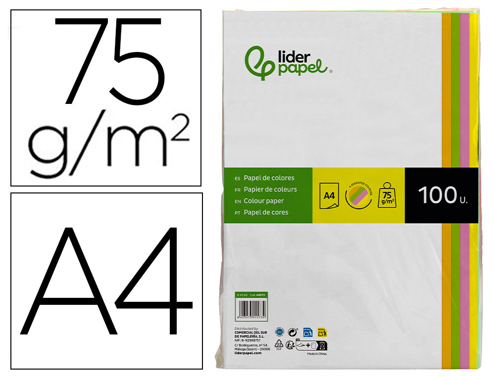 PAPEL DE COR LIDERPAPEL DIN A4 75 GR QUATRO CORES NEON SORTIDAS EMBALAGEM DE 100 FOLHAS