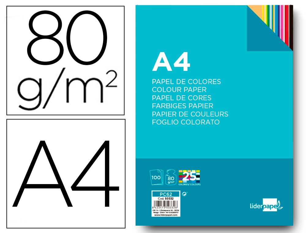 PAPEL DE COR LIDERPAPEL DIN A4 80 GR EMBALAGEM DE 100 FOLHAS 25 CORES SORTIDAS