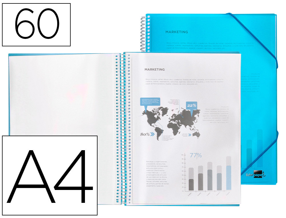 CAPA CATALOGO LIDERPAPEL COM ESPIRAL 60 BOLSAS POLIPROPILENO DIN A4 AZUL