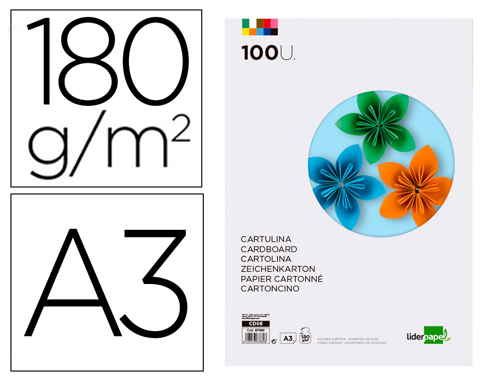 CARTOLINA LIDERPAPEL DIN A3 180 GR 10 CORES SORTIDAS PACK DE 100 UNIDADES
