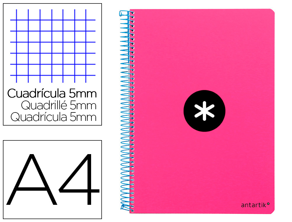 CADERNO ESPIRAL LIDERPAPEL DIN A4 ANTARTIK CAPA DURA 80 F 100 GR QUADRICULA 5 MM COM MARGEM COR ROSA FLUOR