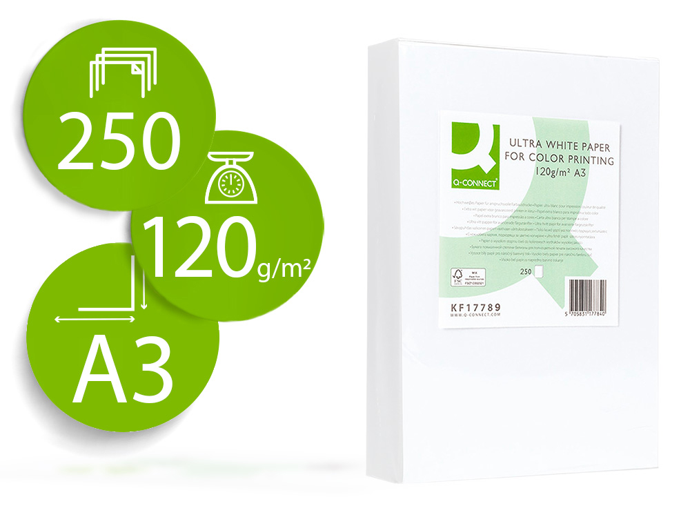 PAPEL FOTOCOPIA ULTRA WHITE Q-CONNECT DIN A3 120 GR EMBALAGEM DE 250 FOLHAS