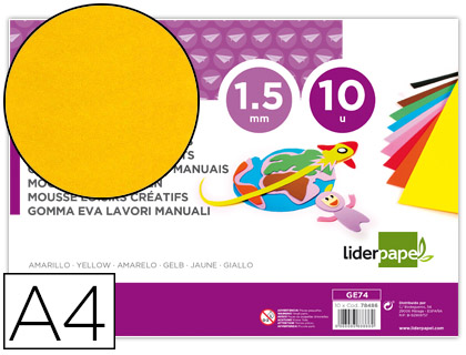 GOMA EVA LIDERPAPEL DIN A4 60 GR ESPESSURA 1,5MM AMARELO PACK 10 FOLHAS