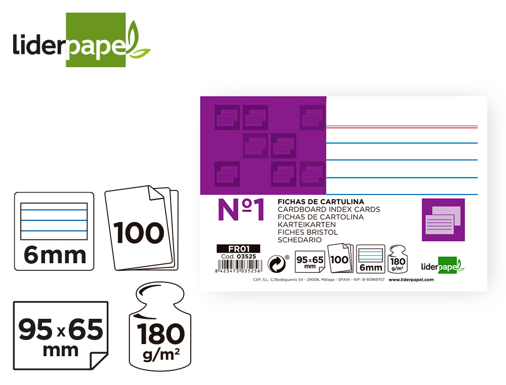 FICHAS EM CARTOLINA, EMB. COM 100, 65X95 MM, PAUTADO