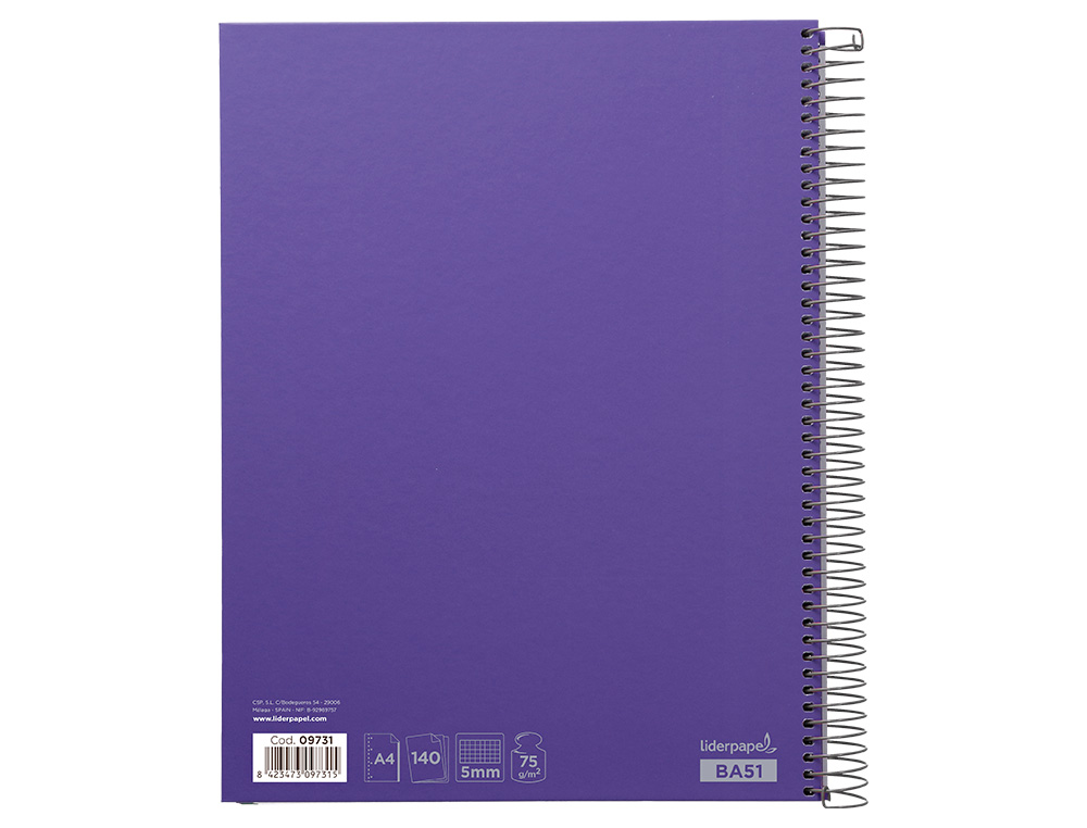 CADERNO ESPIRAL LIDERPAPEL JOLLY MICRO DIN A4 CAPA FORRADA 140 F 75 GR QUADRICULA 5MM 5 BANDAS DE CORES 4 FUROS COR LILA