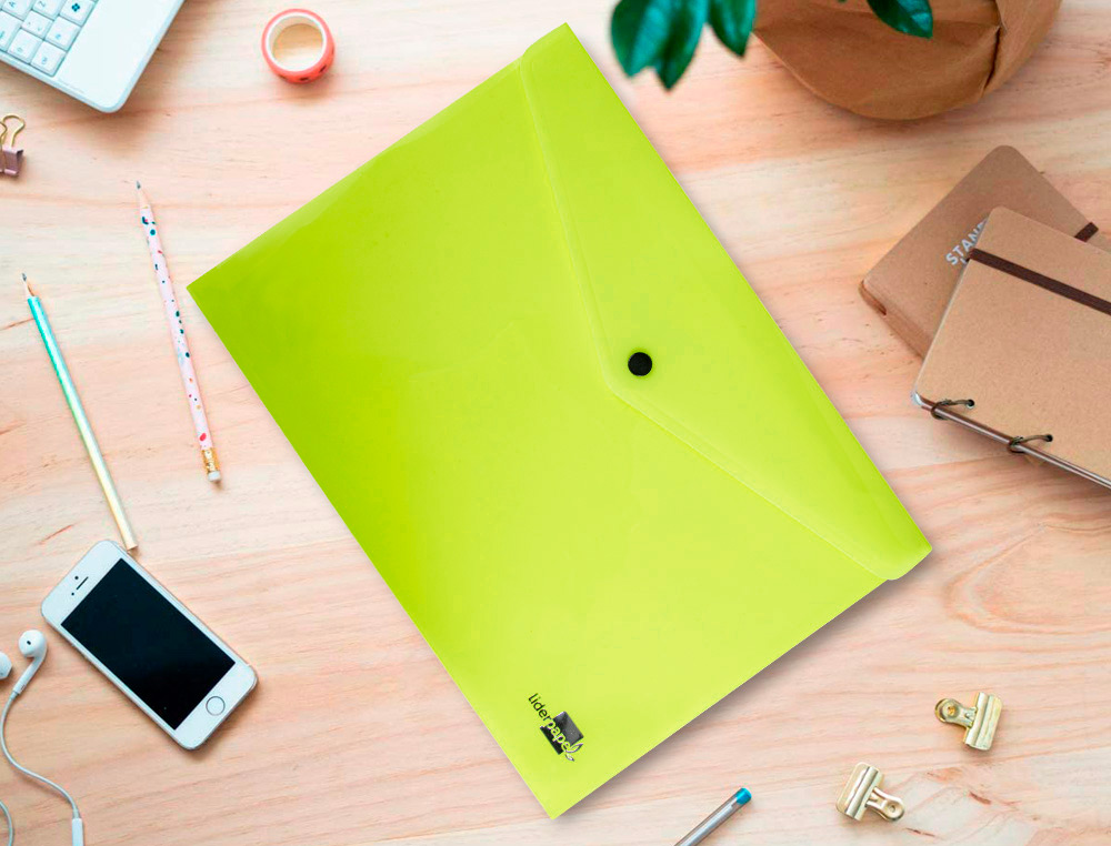 BOLSA PORTA DOCUMENTOS LIDERPAPEL COM MOLA DIN A4 AMARELO FLUOR OPACO 50 FOLHAS