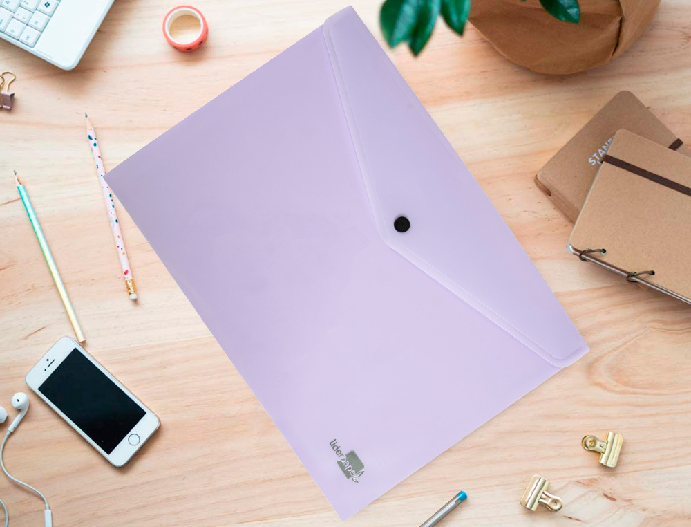 BOLSA PORTA DOCUMENTOS LIDERPAPEL COM MOLA DIN A4 LAVANDA OPACO 50 FOLHAS