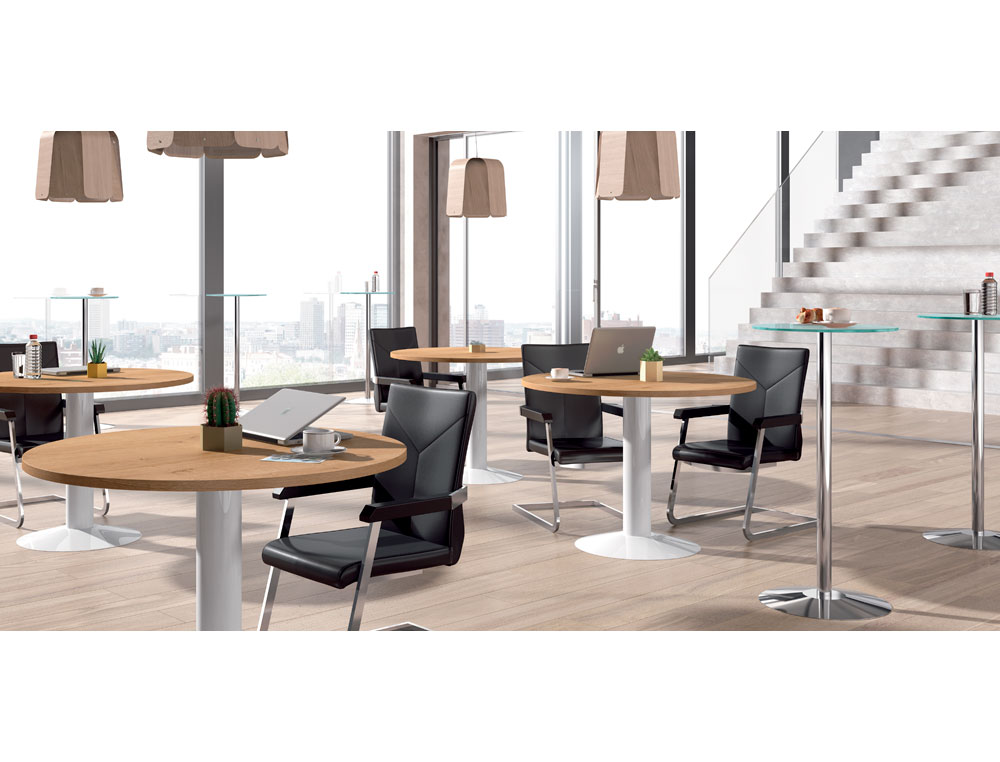 MESA DE REUNIAO ROCADA MEETING 3005ATW02 ESTRUTURA COLUNA ACO BRANCO TABULEIRO EM MADEIRA CINZA 100 CM DIAMETRO