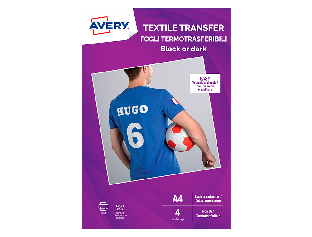 PAPEL TRANSFER AVERY PARA T-SHIRTS DE ALGODAO CORES ESCURAS IMPRESSAO A JATO DE TINTA DIN A4 EMBALAGEM DE 4 FOLHAS
