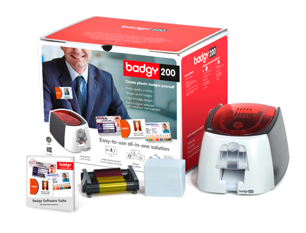 IMPRESSORA DE CARTOES BADGY 200 INCLUI FITA 100 CARTOES E PROGRAMA DE EDIÇÃO BADGE STUDIO+